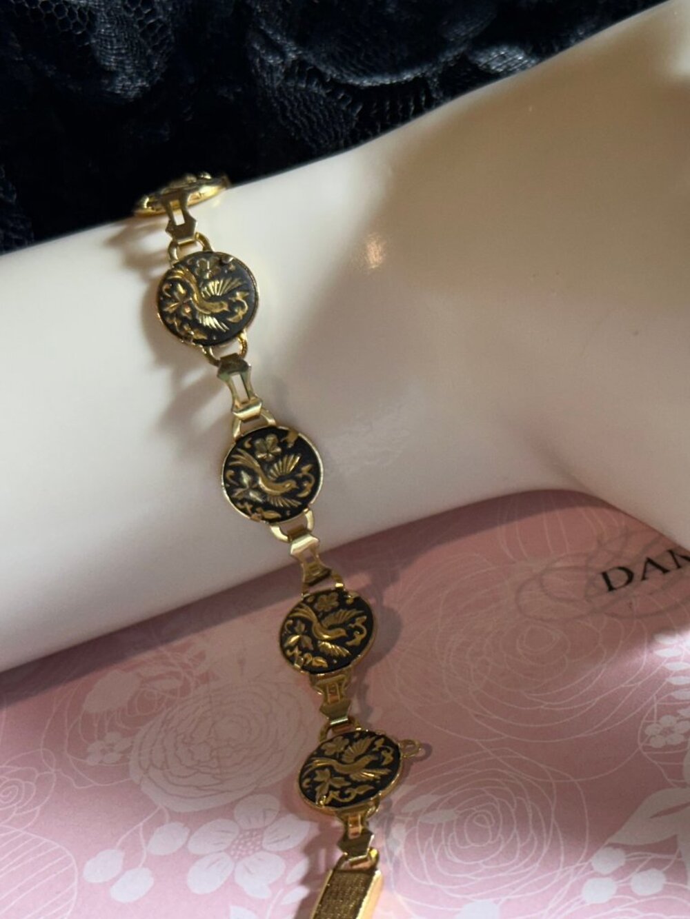 Vintage Damasquinado De Oro Gold 18k and 24k Foil Art Spanish Link Bracelet Love